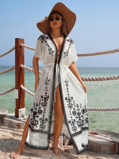 Swim Vcay Women's Casual Vacation Minimalist Everyday Printed Tie Front Short Sleeve Cover Up For Summer