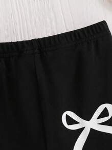 SHEIN 女宝宝休闲宽松简约舒适圆领短袖蝴蝶结装饰T恤和短裤套装 - 黑與白 - 查看 7