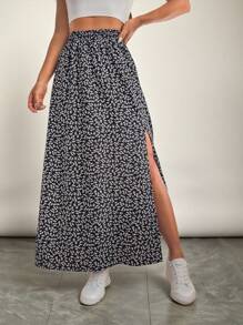 SHEIN VCAY Plus Size Women's Casual Ditsy Floral Elastic Waist Slit Hem Skirt, Autumn