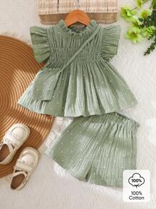 SHEIN Vintaside Kids 2 件套女婴可爱休闲波尔卡圆点荷叶边上衣和阔腿裤和包包套装，适合夏季、居家和户外 - 綠色 - 查看 9
