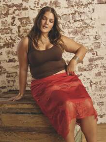 SHEIN Aralina-E Plus Size Women's Solid Color Elastic Waist Contrast Lace Elegant A-Line Skirt - Red - View 7