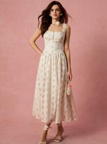 Enchnt Spring/Summer Romantic Women's Apricot Little Rose Print Square Neck Ruched Cross-Tie Back Sleeveless Princess Long Dress,Sweet&Elegant For Vacation&Date&Holiday&Party&Graduation&Wedding Guest&Beach&Boho Chic,Prom Dress,Summer Dresses For Women,Sun Dresses For Women,Summer Clothes, ,Elegant Dresses For Party - Baby Pink - View 3