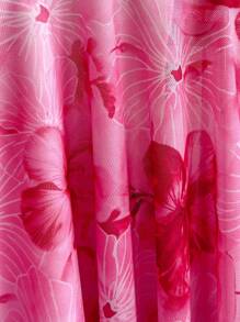 Soleia 女士粉色花卉网眼荷叶边系带连衣裙，浪漫假期/约会/下午茶/海滩度假/音乐节，波西米亚风 - 玫紅色 - 查看 7