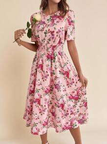 SHEIN Clasi Floral Printed Round Neck & Drawstring Waist Puff Sleeve A-Line Wedding Women Dress - Multicolor - View 3