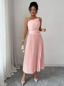 Elenzga Vestido de tirantes elegante, casual/de trabajo/de vacaciones, con plisado en la cintura, de color liso