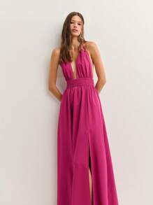 Nöista 深 V 领、可调节吊带和弹力褶饰的长裙 - 紅色 - 查看 5