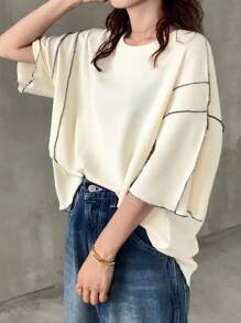 FRIFUL Top de plage casual à col rond oversize bicolore pour femmes, hauts polyvalents à manches longues pour femmes