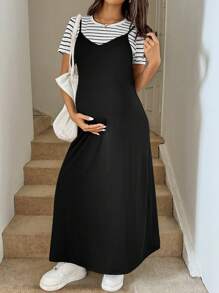 SHEIN 2pcs/Set Maternity Stripe Round Neck Short Sleeve T-Shirt And Cami Dress Set, Summer Maternity Clothes Maternity Dresses Maternity Two Pieces Suit