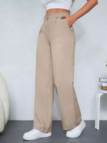 SHEIN Cottnline Women's Simple Solid Color Button Front Straight Leg Work Pants - Beige - View 5