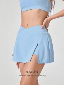 GLOWMODE 4英寸 FeatherFit™-Air 交叉腰侧开衩内置短裤侧袋防滑迷你裙低冲击瑜伽普拉提工作室日常休闲服 - 淺藍色 - 查看 4