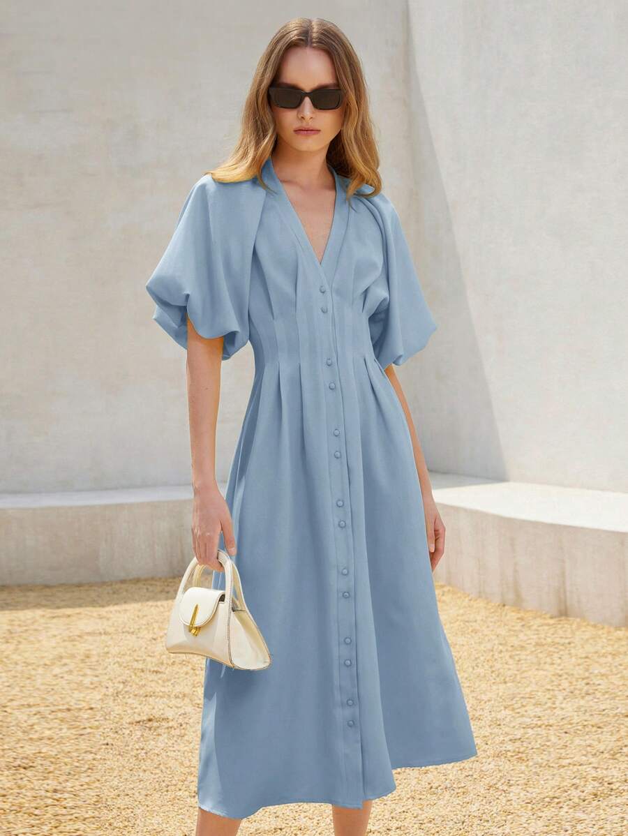 SHEIN Unity Vestido cárdigan con mangas de volantes de gasa larga para mujeres - Azul - Ver 1