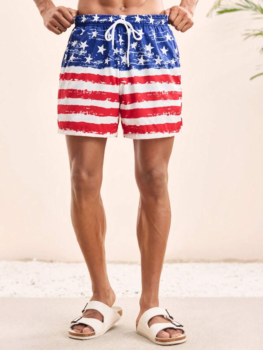 Manfinity VCAY Men's Double Layer Square Leg Swimming Trunks, Casual Summer Beach Wear - Multicolor - View 1