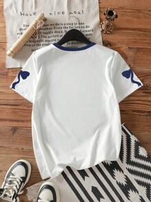 SHEIN EZwear 休闲简约海军蓝蝴蝶结图案圆领短袖宽松女式T恤，适合夏季 - 彩色 - 查看 2