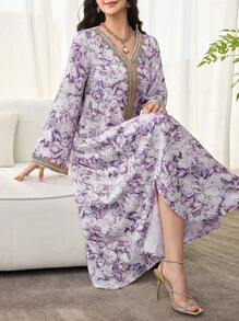 SHEIN Najma 女士花卉印花、钩针拼布、长袖连衣裙、端庄优雅的 A 字形卡夫坦和 Jalabiya 连衣裙，适合晚会/婚礼嘉宾/周年纪念/日常穿着 - 彩色 - 查看 5
