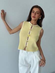 Aloruh كاردجان بسيط ثقيف مستدير بلا أكمام للنساء