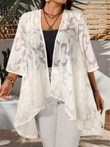 EMERY ROSE Plus Size Solid Sheer Asymmetric Hem Elegant Coat, Summers For Women, Raves, Easter Curve, Country Concert White Lace Kimono Lace Cover Up Floral Kimono Boho Kimono Fall Women Clothes, Autumn,Fall Clothes - Apricot - View 4