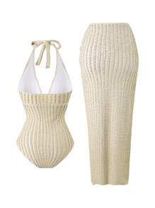 Swim Oasis Đồ bơi liền thân không tay tối giản hàng ngày mùa hè cỡ lớn cho nữ kèm váy che - Màu be - Xem 2