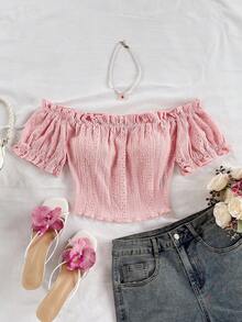 Soleia 波西米亚风、浪漫花卉、度假风、花卉百搭露肩荷叶边弹力褶皱短款短袖T恤、露肩露脐上衣、露肩上衣、褶皱上衣、夏季上衣、镂空上衣 - 粉色 - 查看 5