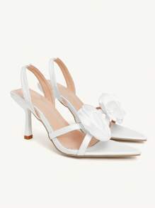 CUCCOO CHICEST Women's Rose Flower Strappy Pointed Toe High Heel Sandals - Elegant, Romantic, Sexy, White Satin, Formal Dress, Wedding, Bridesmaid, Afternoon Tea, Date, Fashion Party, Wedding Season, Resort Style