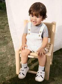 Cozy Pixies 2pcs/Set Baby Boy Anchor Print Soft Knit Short Sleeve Pullover Top And Bib Shorts Set - Grey - View 7