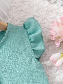 Young Girl Mint Blue Simple Cute & Elegant Round Neck Cap Sleeve Top And Shorts Set - Mint Blue - View 6