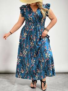 SHEIN VCAY 大码波西米亚风简约时尚休闲花卉印花日常连衣裙，适合夏季 - 彩色 - 查看 3