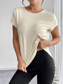 Chiquease Women Summer Loose Minimalist Sports Style Solid Colored Chiffon T-Shirt With Back Slits