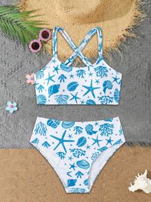 SHEIN Tween Girls All-Over Print Cross Strap Tankini Top And Triangle Bikini Bottom 2pcs Swimsuit Set - White - View 3