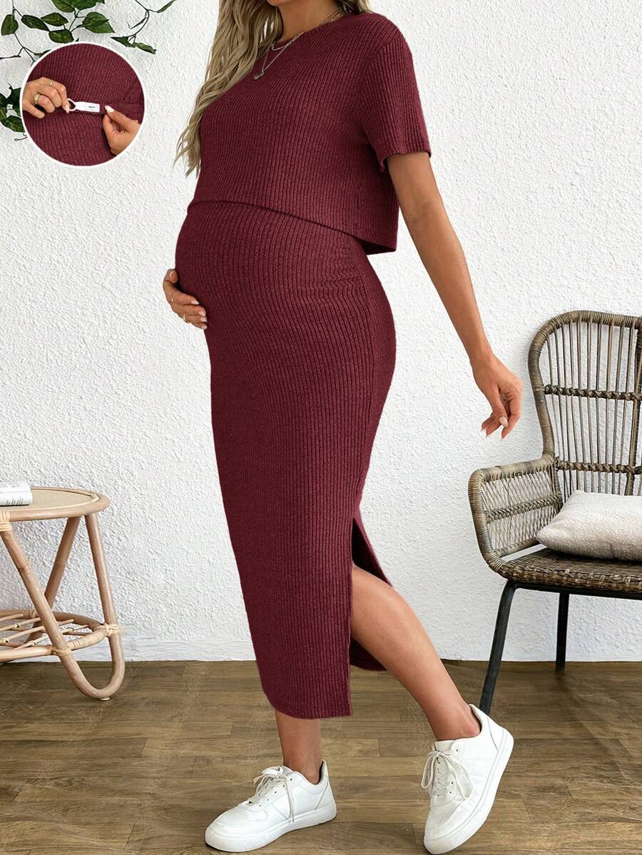 SHEIN 2 件套孕妇纯色罗纹落肩上衣和开衩下摆裙子，夏季 - 酒紅色 - 查看 1