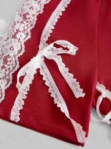 ROMWE Avant 女式性感瑜伽芭蕾女孩蕾丝拼布数字刺绣紧身T恤 - 紅色 - 查看 4