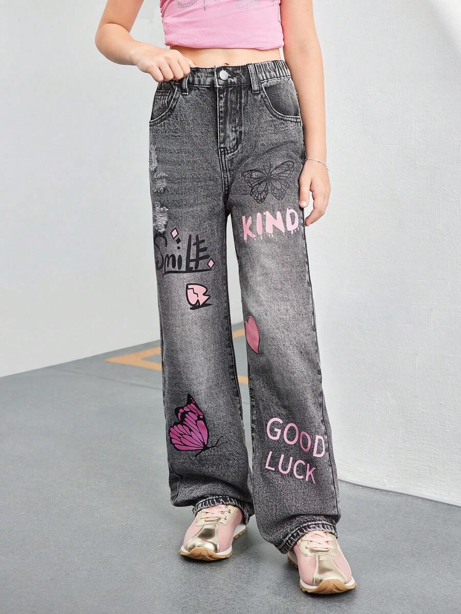 SHEIN Explorewe Tween Girls Casual Fashionable Butterfly & Heart Letter Print Mid-Rise Washed Grey Loose Straight Leg Jeans - Grey - View 1