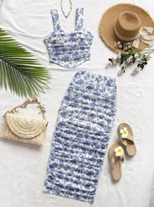 Soleia Completo da donna con top a canottiera con motivo floreale ditsy e minigonna plissettata, stile vacanziero, per spiaggia e vacanza, abbinamento primaverile/estivo, per donna, stile boho per festival musicali all'aperto
