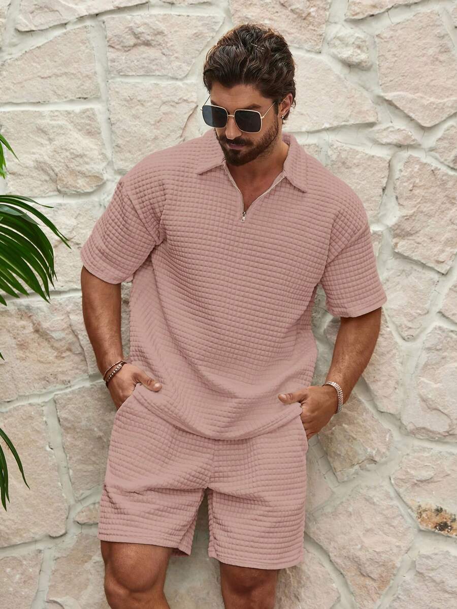 Manfinity RSRT 2pcs Men Plain Color Zipper Polo Shirt And Pocket Shorts Set