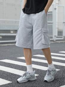 SHEIN 青少年男童休闲舒适百搭侧袋宽松工装短裤 - 灰色 - 查看 3