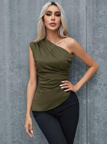 Aveloria Modichic 1 件女式不对称领口纯色时尚上衣，适合夏季 - 軍綠色 - 查看 6