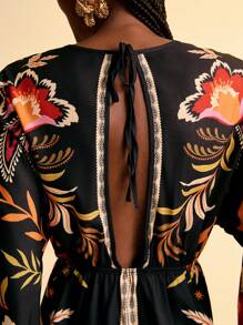 CAJUNI Women Boho Tropical Leopard & Plant Print Hollow-Out Back Waist Long Sleeve Dress For Vacation - Black - View 7