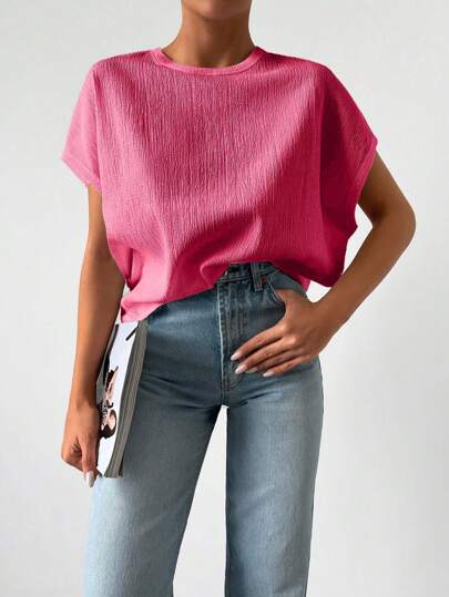 EURMUSE Women's Solid Color Short Sleeve Round Neck Blouse, Fashionable For Summer