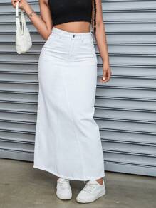 SHEIN Tall Solid Color Button Front Pocket Casual Denim Maxi Skirt - White - View 3