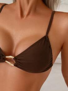 Swim Chiccia 女士两件套纯色金属装饰假日休闲比基尼套装 - 咖啡棕 - 查看 4