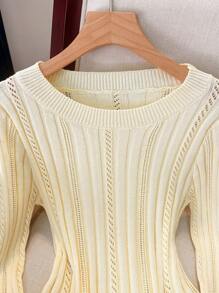 Franclia Hollow Out Long Sleeve Crewneck Knit Sweater, Lightweight Knit Pullover Fall Winter