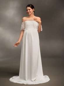 SHEIN 孕妇摄影蕾丝流苏装饰单肩长裙，洗礼派对 - 白色 - 查看 3