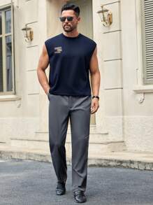 Manfinity VCAY Men's Casual Printed Pattern Loose Fit Sleeveless Tank Top, Suitable For Daily Wear - Navy Blue - View 6