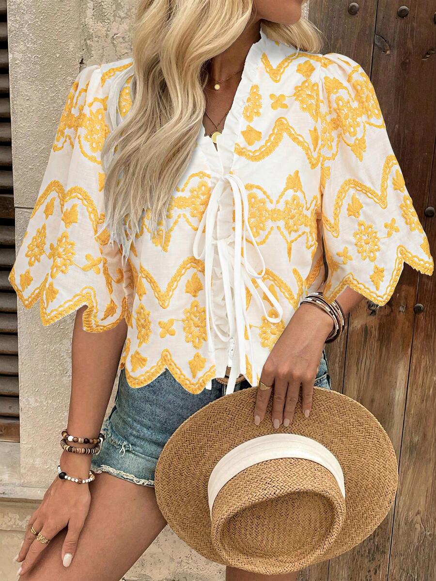 Breezaya Áo cánh tay ngắn thêu nhiều màu rộng rãi thắt nơ phía trước cho kỳ nghỉ của phụ nữ - Màu be - Xem 1