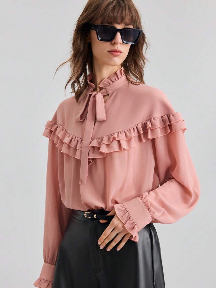 2025 New Ladies Blouse, Autumn Seasonal Transition Wear, 2000s Style Retro Country Chic Office Casual Business Date Night Airport Party Daily Wear, Ruffle Tie Neck Long Sleeve Shirt, Pastel Pink, Grey Pink