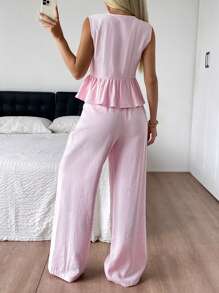 SHEIN EZwear Stockholm Style European Summer Airport Outfit For Women Vacation Two Pieces Set Pink Woven Ruffle Hem Sleeveless Top & Long Pants Casual 2-Piece Set Women Summer Clothing
