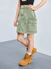 Tween Girls Fashion Washed Denim Casual Versatile Comfortable Daily Elastic Waist Teens Denim Cargo Mini Skirt - Army Green - View 4