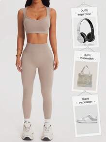 Easithlete 女士纯色圆领短款上衣和裤子瑜伽运动套装，无缝