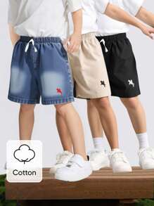 Souflis Souflis 3件套买1送2 小男孩牛仔短裤和2条带刺绣小装饰的编织休闲短裤，适合日常穿着、学校、户外、春夏季
