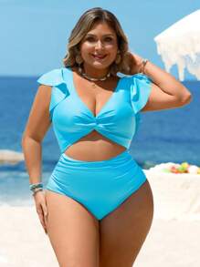 SHEIN Swim Curve 大码女式夏季纯色面料扭纹前交叉设计荷叶边褶皱遮肚露背连体泳衣 - 彩色 - 查看 4