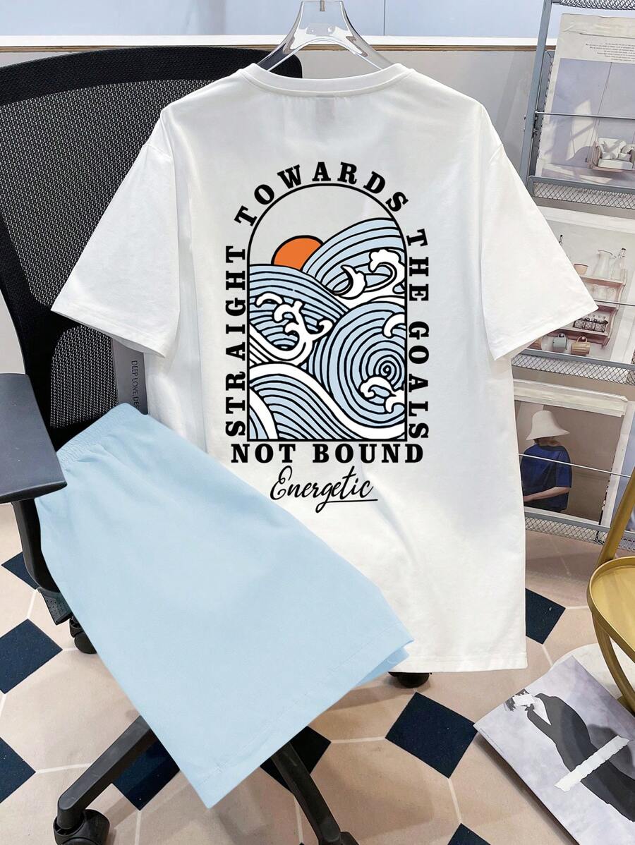 Manfinity Joysei 男士休闲波浪图案 T 恤和裤子，配有抽绳腰部和松紧腰带，适合夏季舒适服装